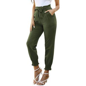 GRACE KARIN OLIVE GREEN CREPEY Cropped Paper Bag Waist Pants NWT! Size S!